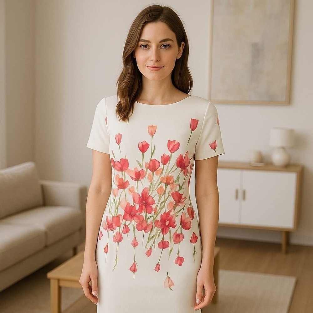 Vicky‎ and Lucas Floral Sheath Dress Tulip Print Short Sleeve Party S NWT